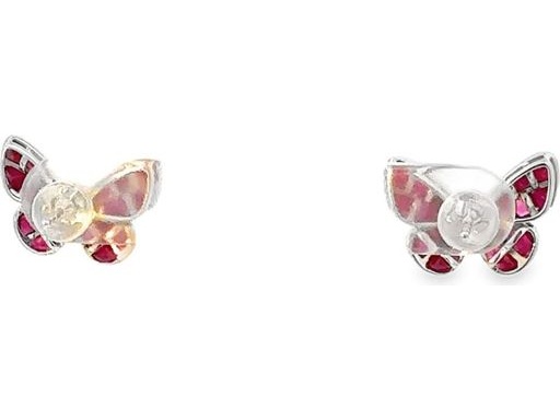18K Yellow Gold Butterfly Stud Earrings with Natural Rubies and Pear-Shaped Diamonds