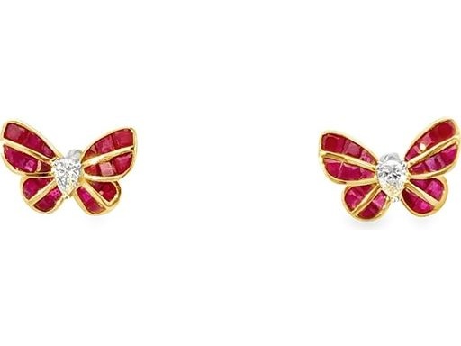 18K Yellow Gold Butterfly Stud Earrings with Natural Rubies and Pear-Shaped Diamonds