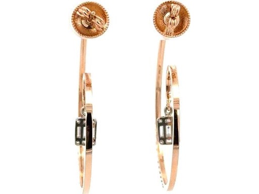 18K Rose Gold Large Hoop Earrings with Dangling Natural Baguette and Round Diamonds