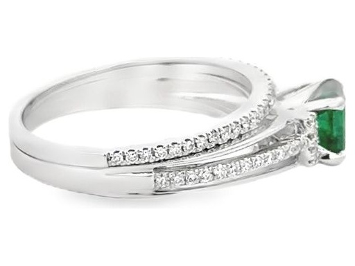 18K White Gold Emerald and Diamond Ring Set – One with Natural Round Diamonds, One with Emerald-Cut Green Emerald