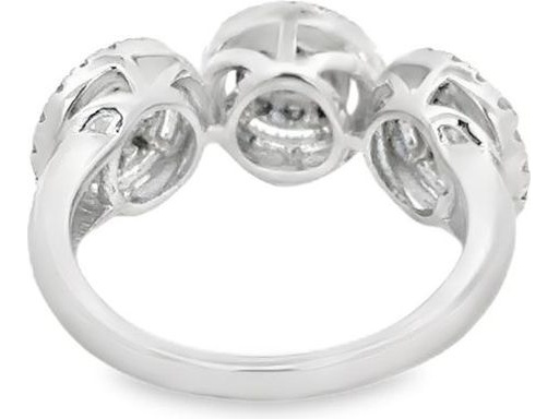 18K White Gold Ring with 3 Round Clusters of Natural Baguette and Round Diamonds