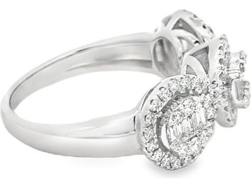 18K White Gold Ring with 3 Round Clusters of Natural Baguette and Round Diamonds