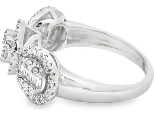 18K White Gold Ring with 3 Round Clusters of Natural Baguette and Round Diamonds