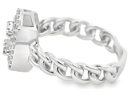 18K White Gold Ring with Natural Baguette and Round Diamonds, Chain-Link Design