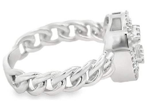 18K White Gold Ring with Natural Baguette and Round Diamonds, Chain-Link Design