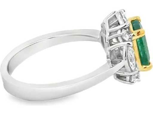18K White Gold Ring with Natural Marquise and Round Diamonds and Emerald Center Stone