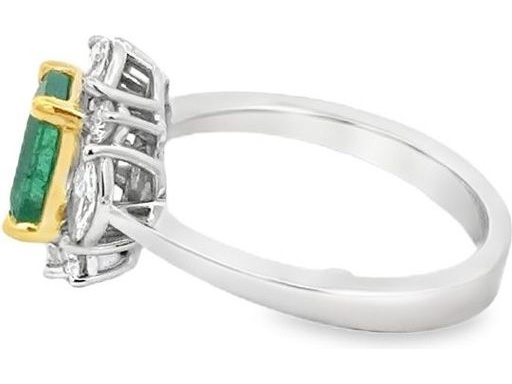 18K White Gold Ring with Natural Marquise and Round Diamonds and Emerald Center Stone