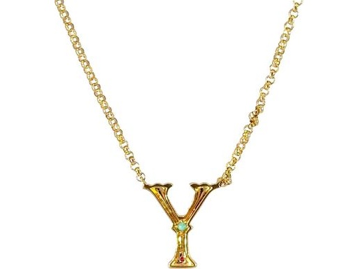 18k yellow gold Y neckalce with natural diamonds, emerald and ruby