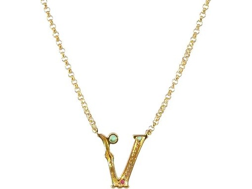 18k yellow gold V necklace with Natural diamond and emerald and ruby