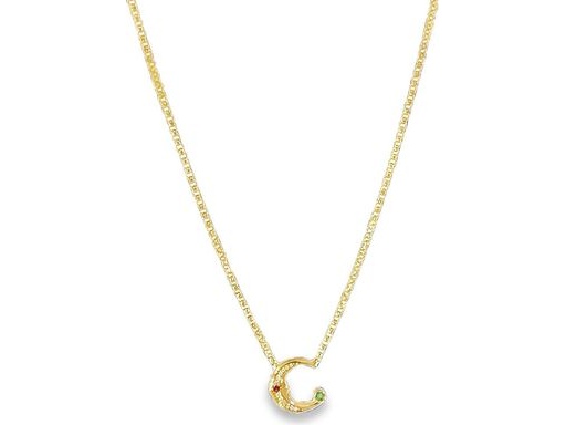 18k yellow gold C necklace with natural diamonds and ruby and emerald