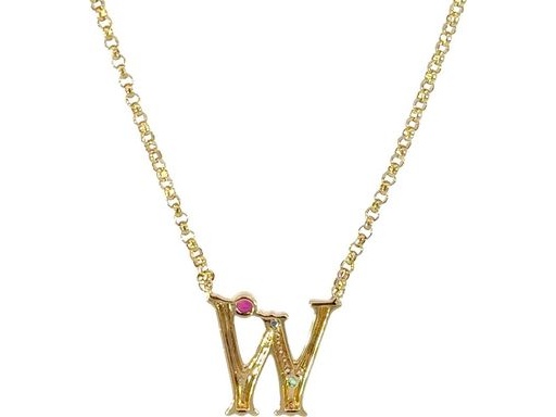 18k yellow gold W necklace with natrual diamons,emerald and ruby