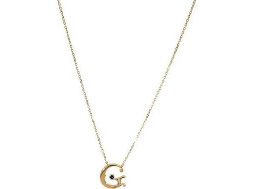 18 k yellow gold G necklace with natural diamonds and saphire