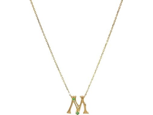 18 k yellow gold M necklace with natural diamonds and natural emeralds