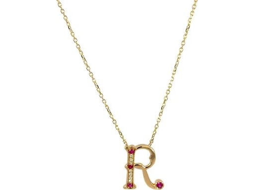 18 k yellow gold R necklace with natural diamonds and natural Ruby