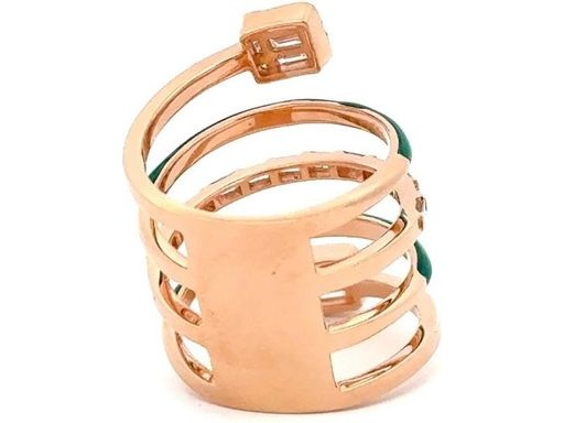 18K Rose Gold Spiral Ring with Natural Round and Baguette Diamonds and Green Enamel