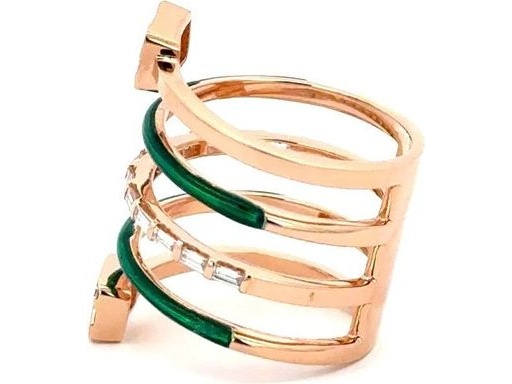 18K Rose Gold Spiral Ring with Natural Round and Baguette Diamonds and Green Enamel