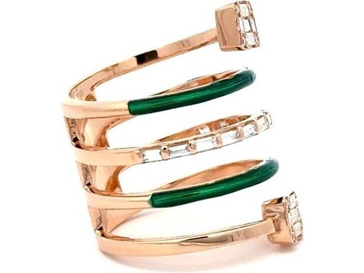 18K Rose Gold Spiral Ring with Natural Round and Baguette Diamonds and Green Enamel