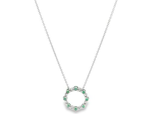 18K White Gold Circle Pendant Necklace with Natural Emeralds and Diamonds