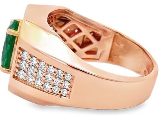 18K Rose Gold Men's Ring with Natural Oval Emerald and Natural Round Diamond Halo