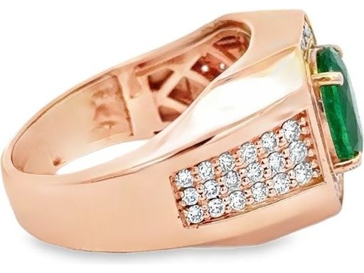 18K Rose Gold Men's Ring with Natural Oval Emerald and Natural Round Diamond Halo