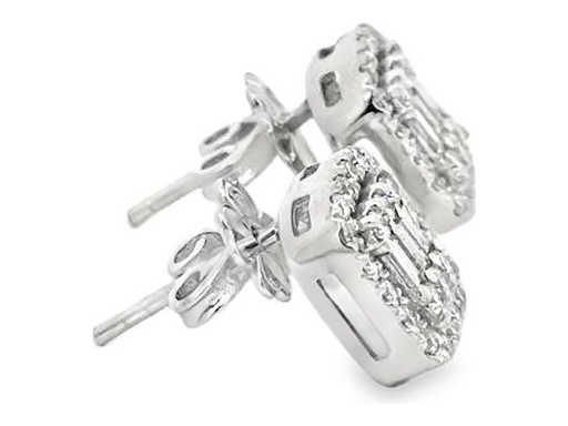 18K White Gold Stud Earrings with Natural Baguette and Round Diamonds