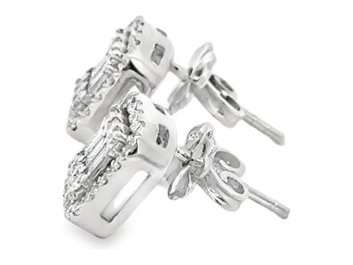 18K White Gold Stud Earrings with Natural Baguette and Round Diamonds