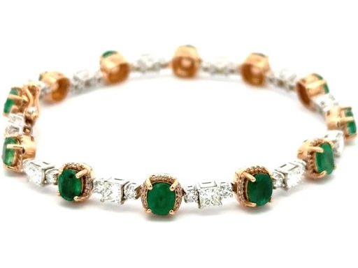 18K White and Rose Gold Bracelet with Natural Princess-Cut and Round Diamonds and Oval Emeralds