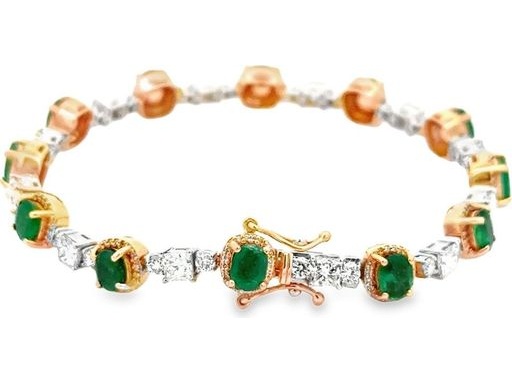 18K White and Rose Gold Bracelet with Natural Princess-Cut and Round Diamonds and Oval Emeralds