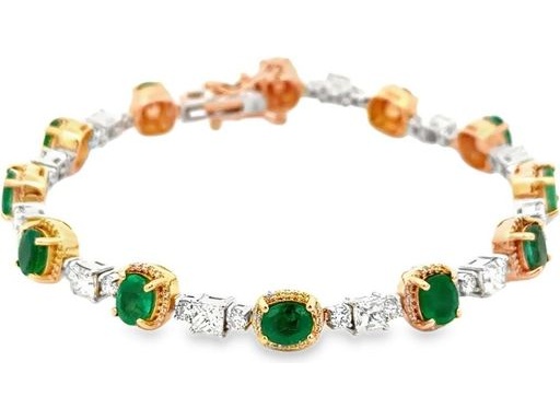 18K White and Rose Gold Bracelet with Natural Princess-Cut and Round Diamonds and Oval Emeralds