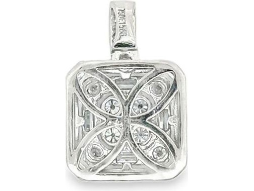 18K White Gold Square Pendant with Natural Round and Baguette Diamonds in Geometric Halo Design