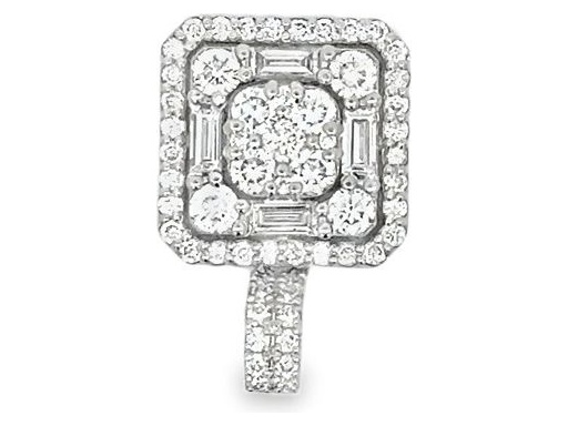 18K White Gold Square Pendant with Natural Round and Baguette Diamonds in Geometric Halo Design