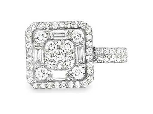 18K White Gold Square Pendant with Natural Round and Baguette Diamonds in Geometric Halo Design