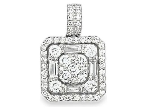 18K White Gold Square Pendant with Natural Round and Baguette Diamonds in Geometric Halo Design
