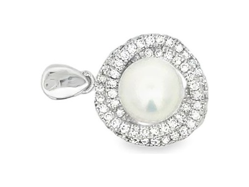 18K White Gold Pendant with White Pearl and Pavé-Set Natural Diamonds in Halo Design