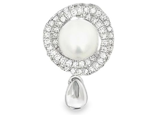 18K White Gold Pendant with White Pearl and Pavé-Set Natural Diamonds in Halo Design