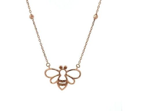 18K Rose Gold Bee Necklace with Natural Diamonds and Diamond-Cut Bead Chain