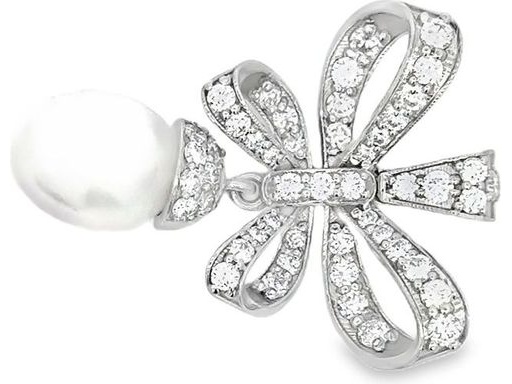 18K White Gold Bow Pendant with Natural Pearl and Natural Diamonds