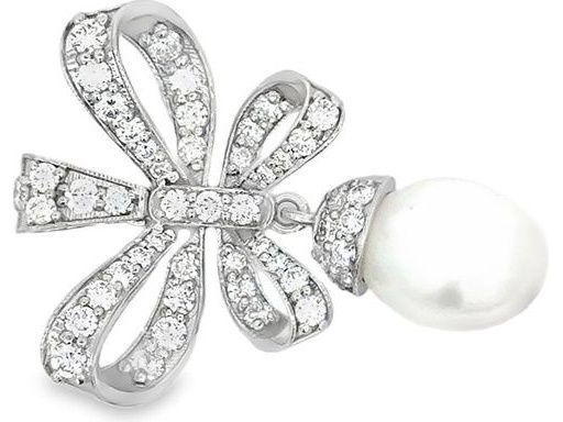 18K White Gold Bow Pendant with Natural Pearl and Natural Diamonds
