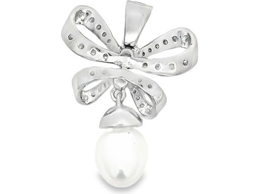 18K White Gold Bow Pendant with Natural Pearl and Natural Diamonds