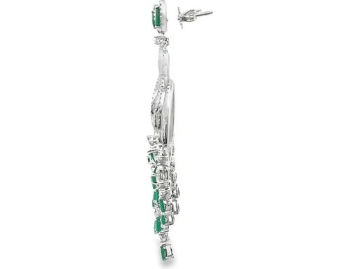 18K White Gold Chandelier Earrings with Natural Round Diamonds, Pear-shaped Diamonds and Emeralds