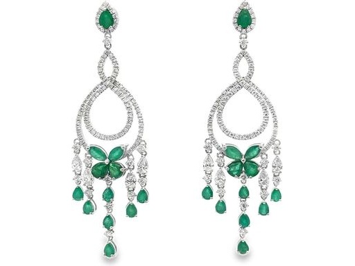 18K White Gold Chandelier Earrings with Natural Round Diamonds, Pear-shaped Diamonds and Emeralds