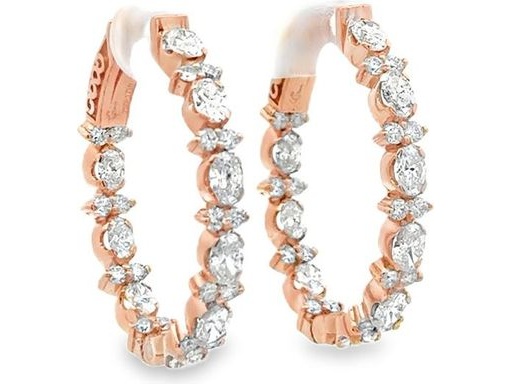 18K Rose Gold Oval Hoop Earrings with Natural Round and Oval Diamonds, Half Inside-Out Setting