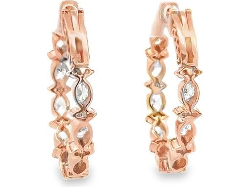 18K Rose Gold Oval Hoop Earrings with Natural Round and Oval Diamonds, Half Inside-Out Setting