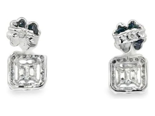 18K White Gold Drop Earrings with Natural Baguette and Round Diamonds in Geometric Double Halo Design