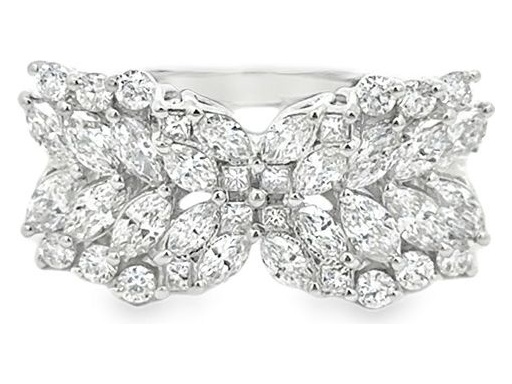 18K White Gold Butterfly Ring with Natural Marquise, Princess-cut and Round Diamonds