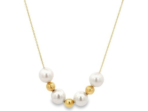 18K Yellow Gold Necklace with Pearls and Polished Gold Beads