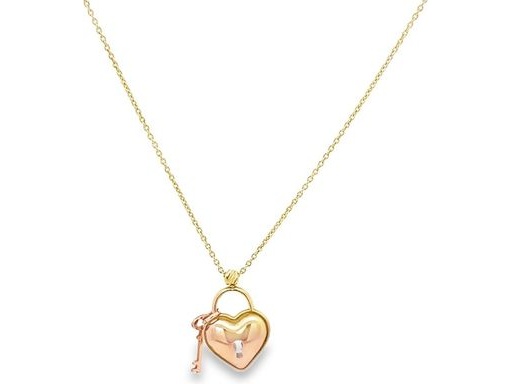 18K Yellow Gold Necklace with Heart Lock and Key Charms