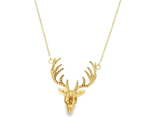 18K Yellow Gold Deer Head Pendant Necklace with Simulated Stones