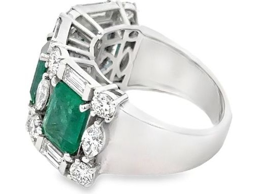 18K White Gold Ring with Emerald-Cut Emeralds, Natural Baguette, Marquise and Round Diamonds