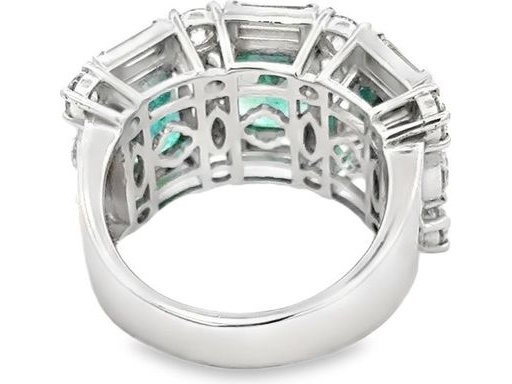 18K White Gold Ring with Emerald-Cut Emeralds, Natural Baguette, Marquise and Round Diamonds